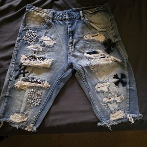 Smoke Rise Distressed Blue Jean Shorts with Embroidery